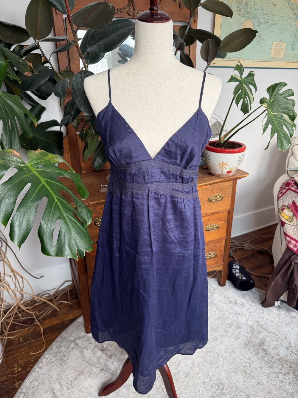 Anthropologie Maeve Size 8 100% Ramie Indigo Pleated Empire Waist Dress